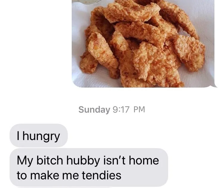 A picture of fried chicken next to a text that says i hungry