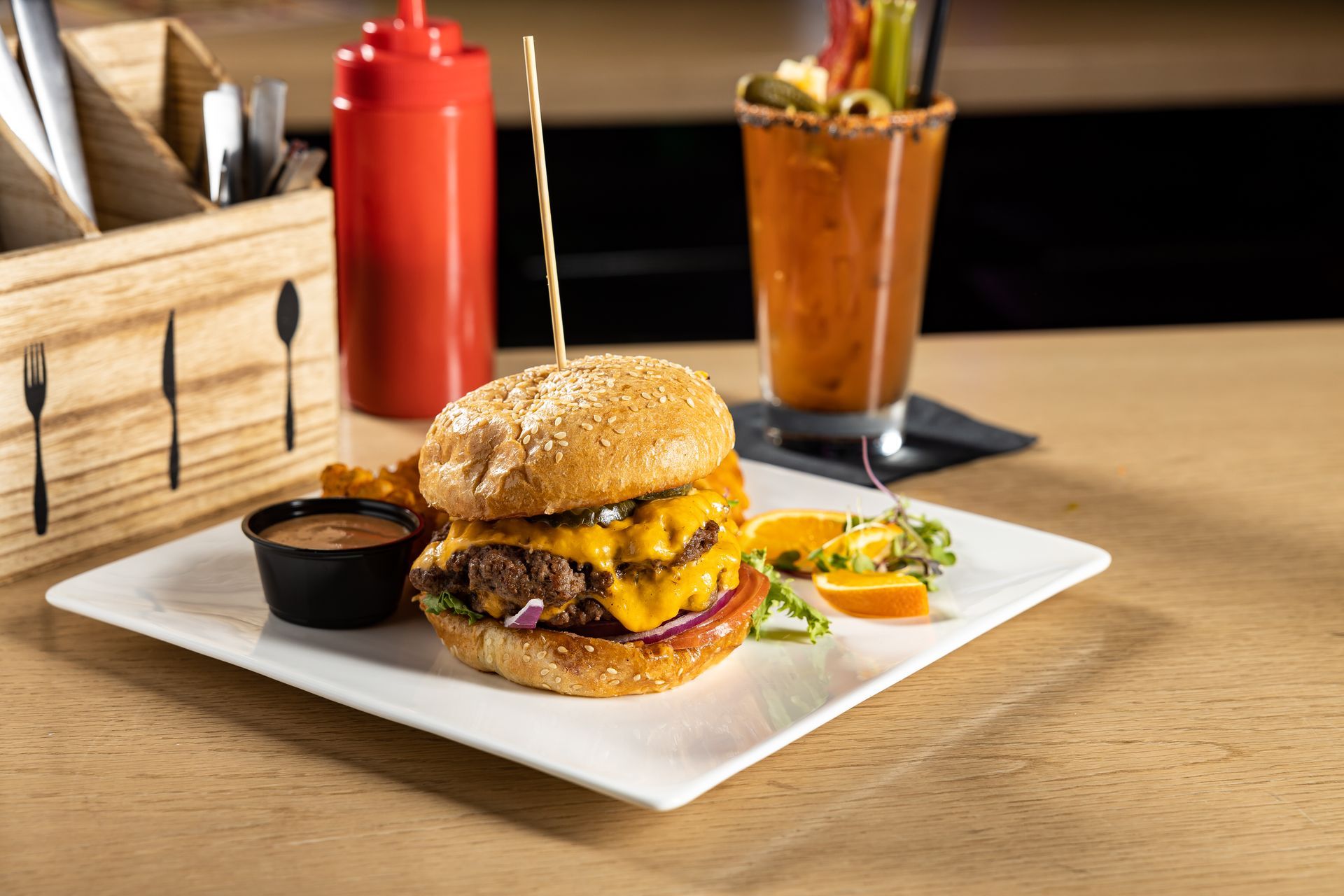 Tony tenderoni burger with a margarita. Located in Downtown Denver, Colorado