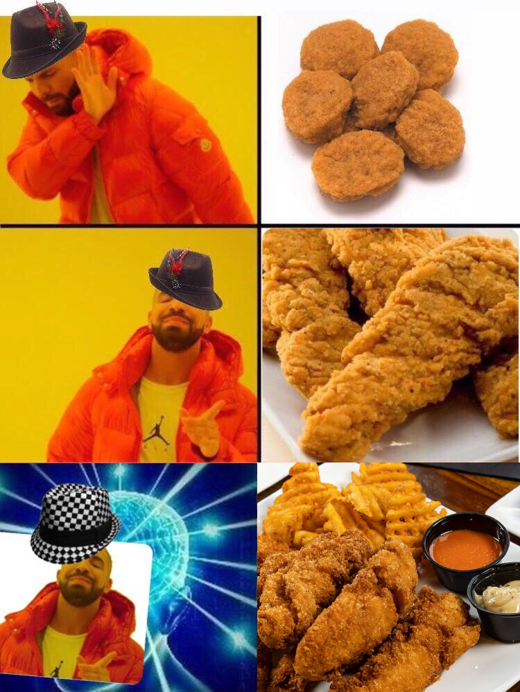 drake rating chicken nuggets meme. the final image is of tony tenderonis chicken tenders