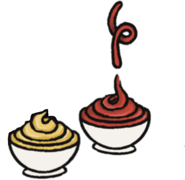 cartoon image of ketchup and mustard sauces