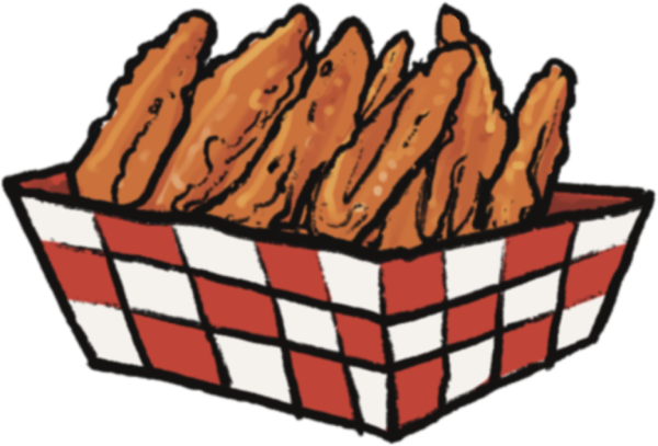 graphic photo of chicken tenders in a red and white checkered bin