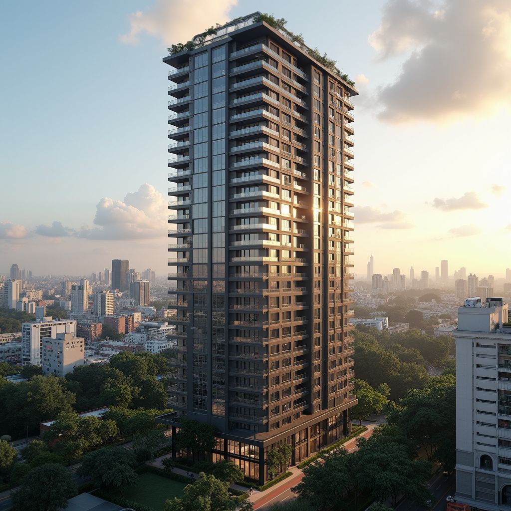 Modern high-rise building with glass and dark facade, surrounded by trees and cityscape at sunset.