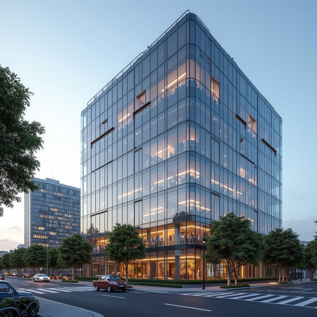 Modern glass office building with cars, trees, and other buildings on a street. Evening light.