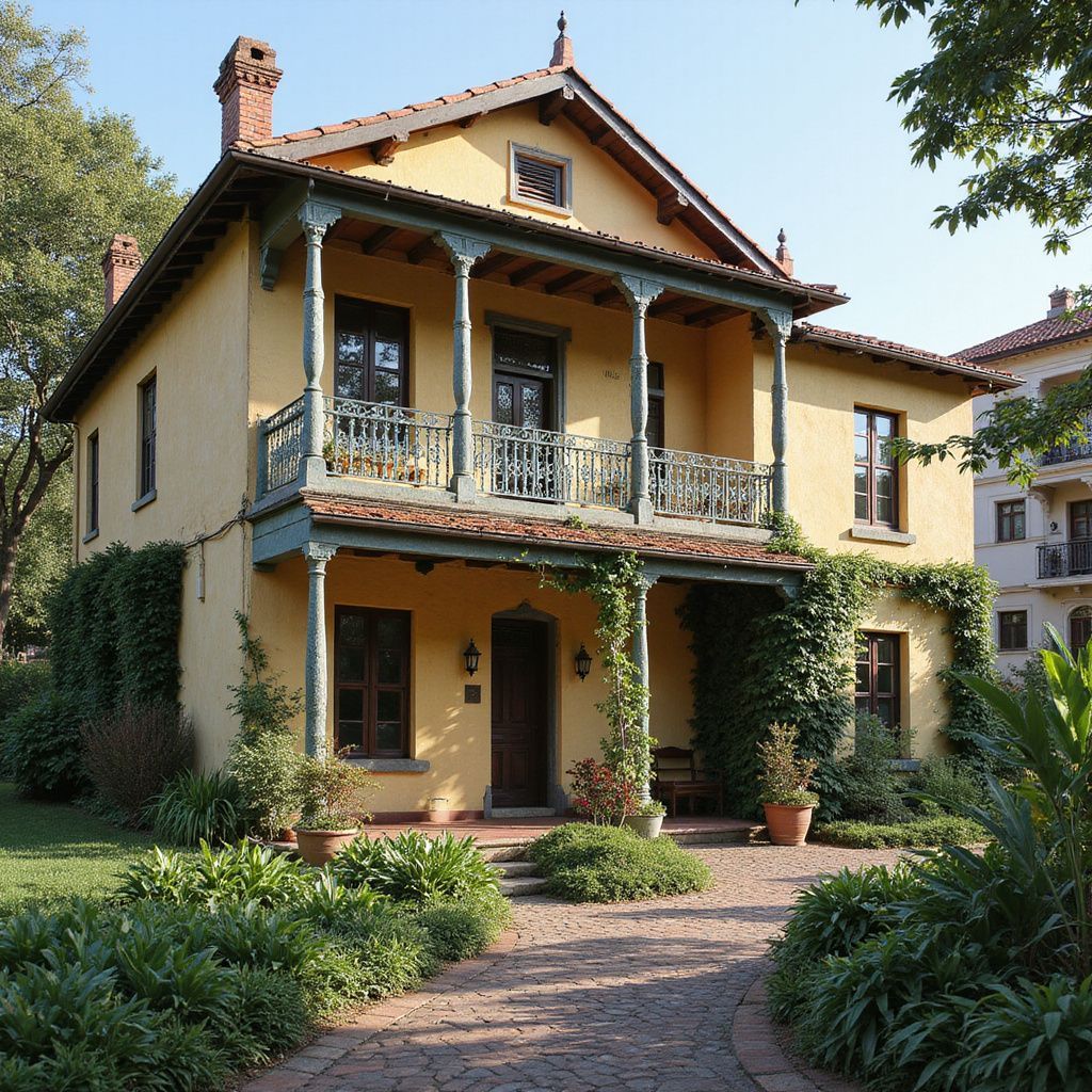 Yellow house with porch, green trim, and red tile roof, surrounded by a garden and a brick pathway.