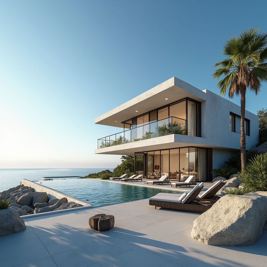 Modern white house overlooking an infinity pool and ocean. Palm tree and lounge chairs are on a concrete patio.