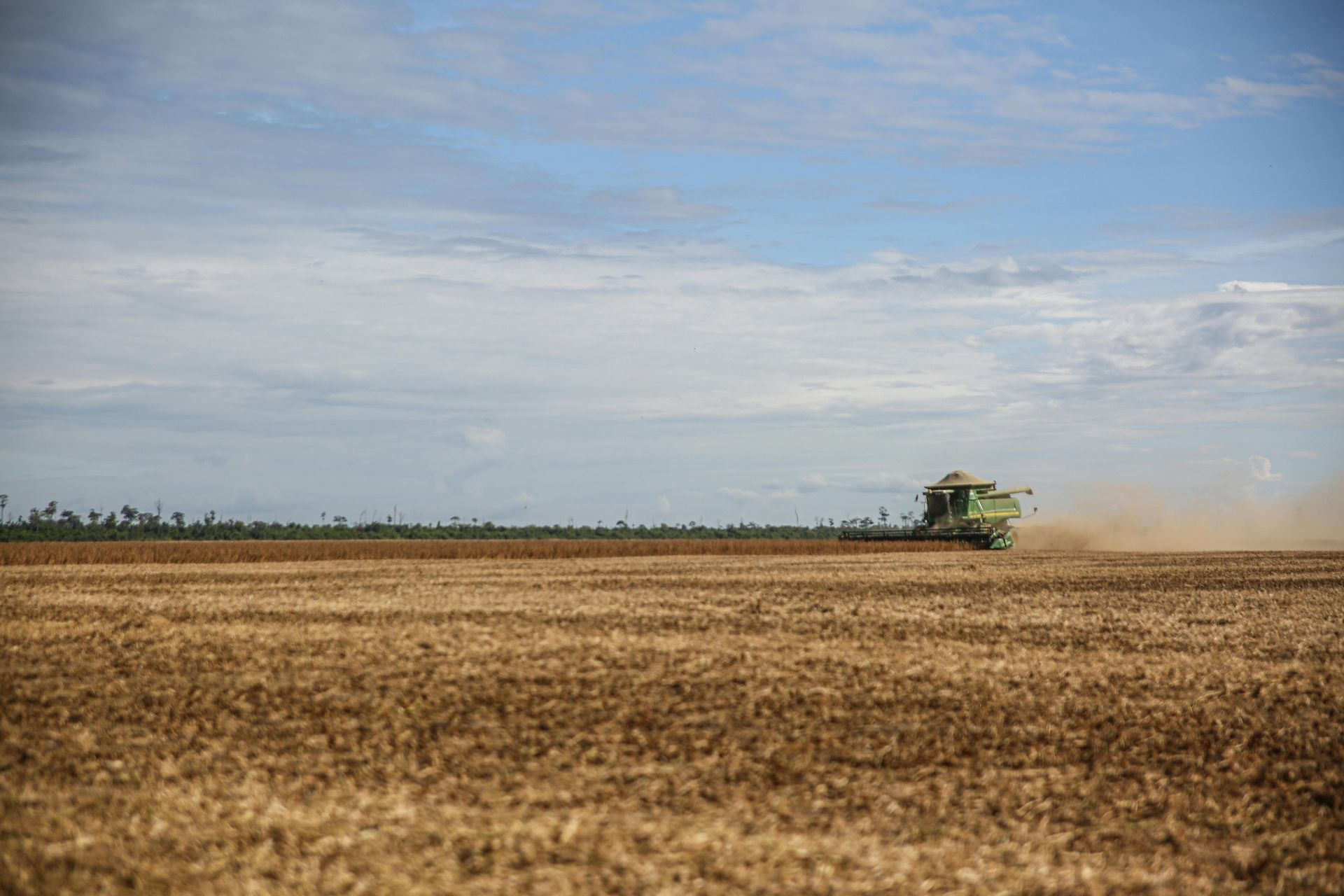 Combine harvester working in a golden wheat field under a cloudy sky.