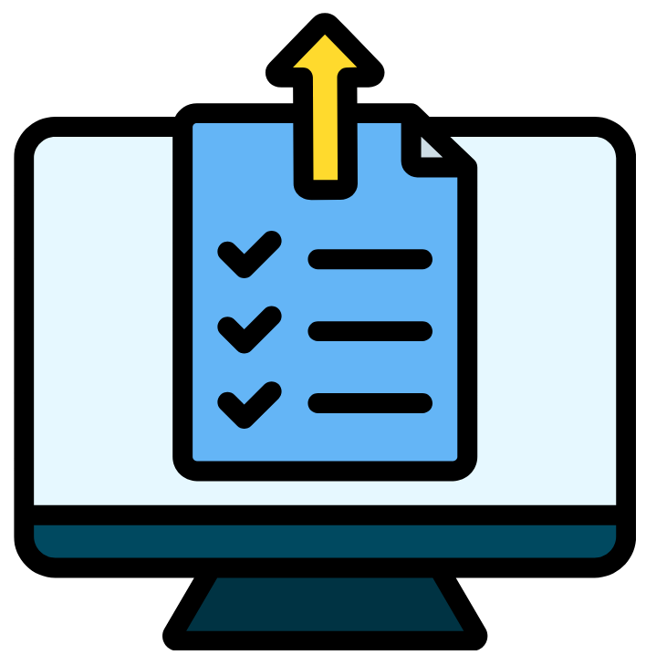 Computer screen displaying a checklist with checked boxes, uploading with yellow arrow.