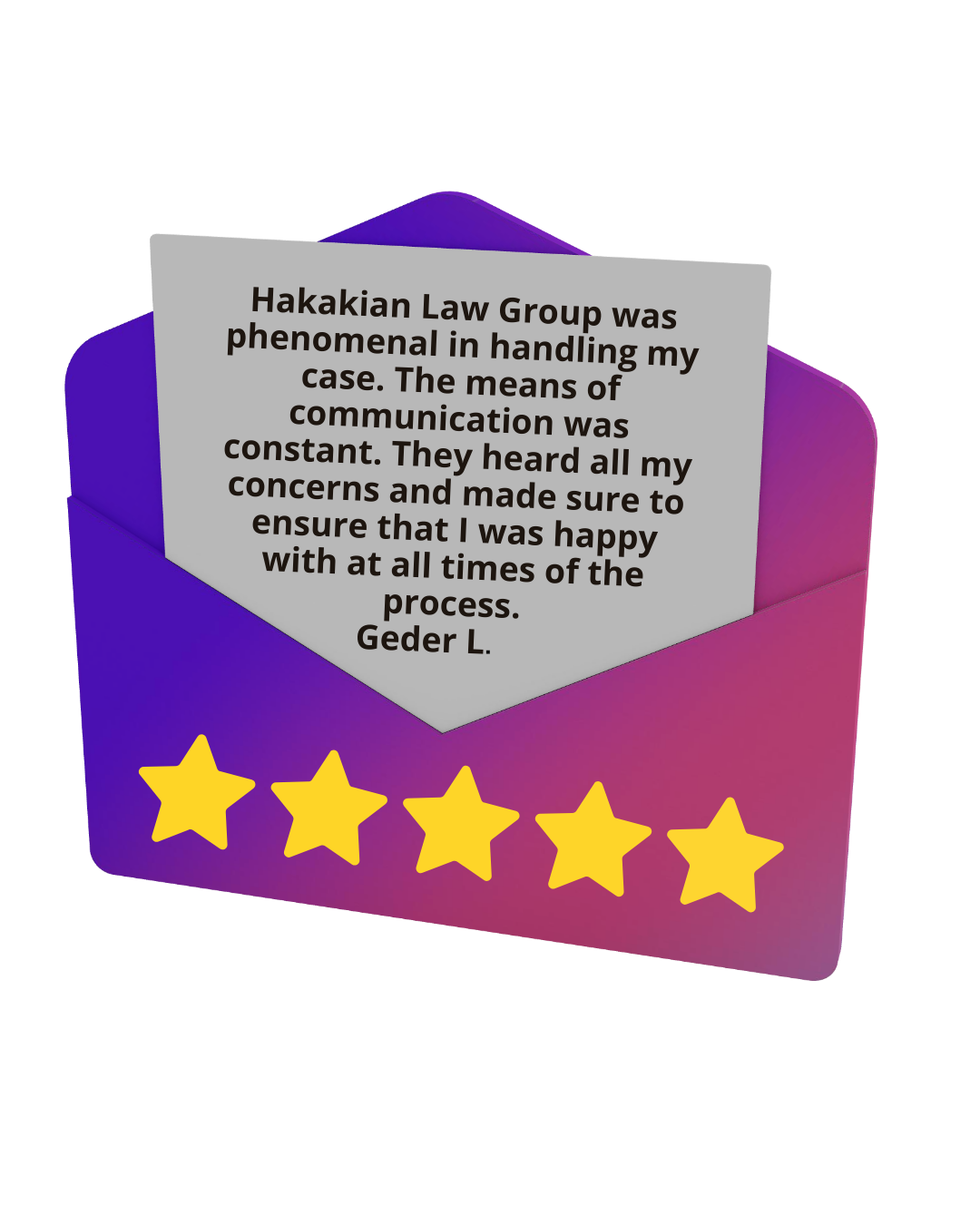 Purple envelope with a positive customer review and four stars.