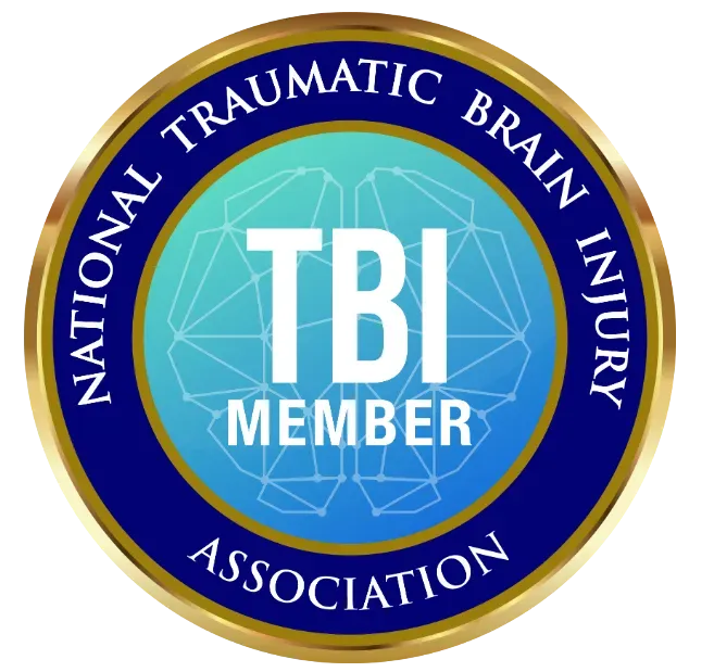 National Traumatic Brain Injury Association badge with blue and gold border, featuring 