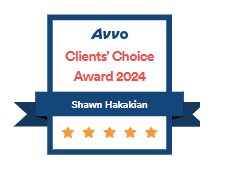 Avvo Clients' Choice Award 2024 for Shawn Hakakian, blue and white badge with five orange stars.