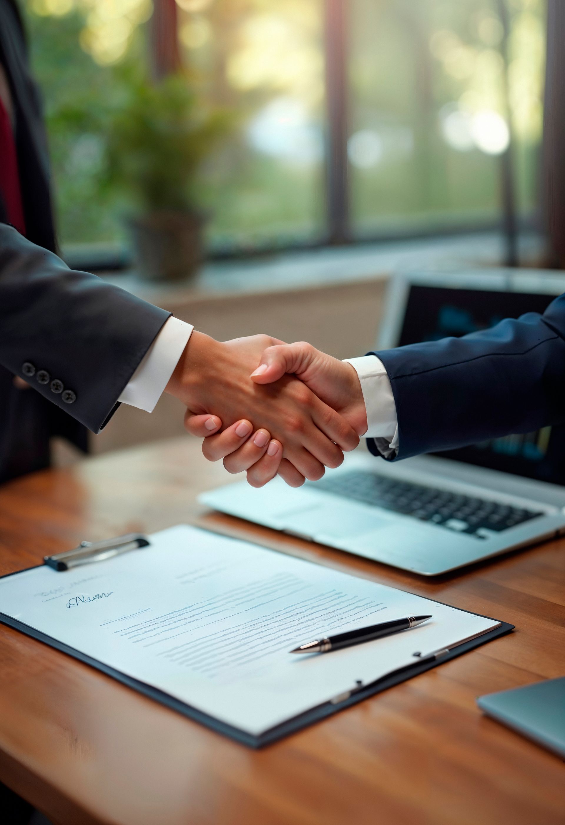 Two people shaking hands over a contract on a wooden desk; laptop in the background.