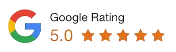 Google rating of 5.0 with five orange stars. Google logo on the left.