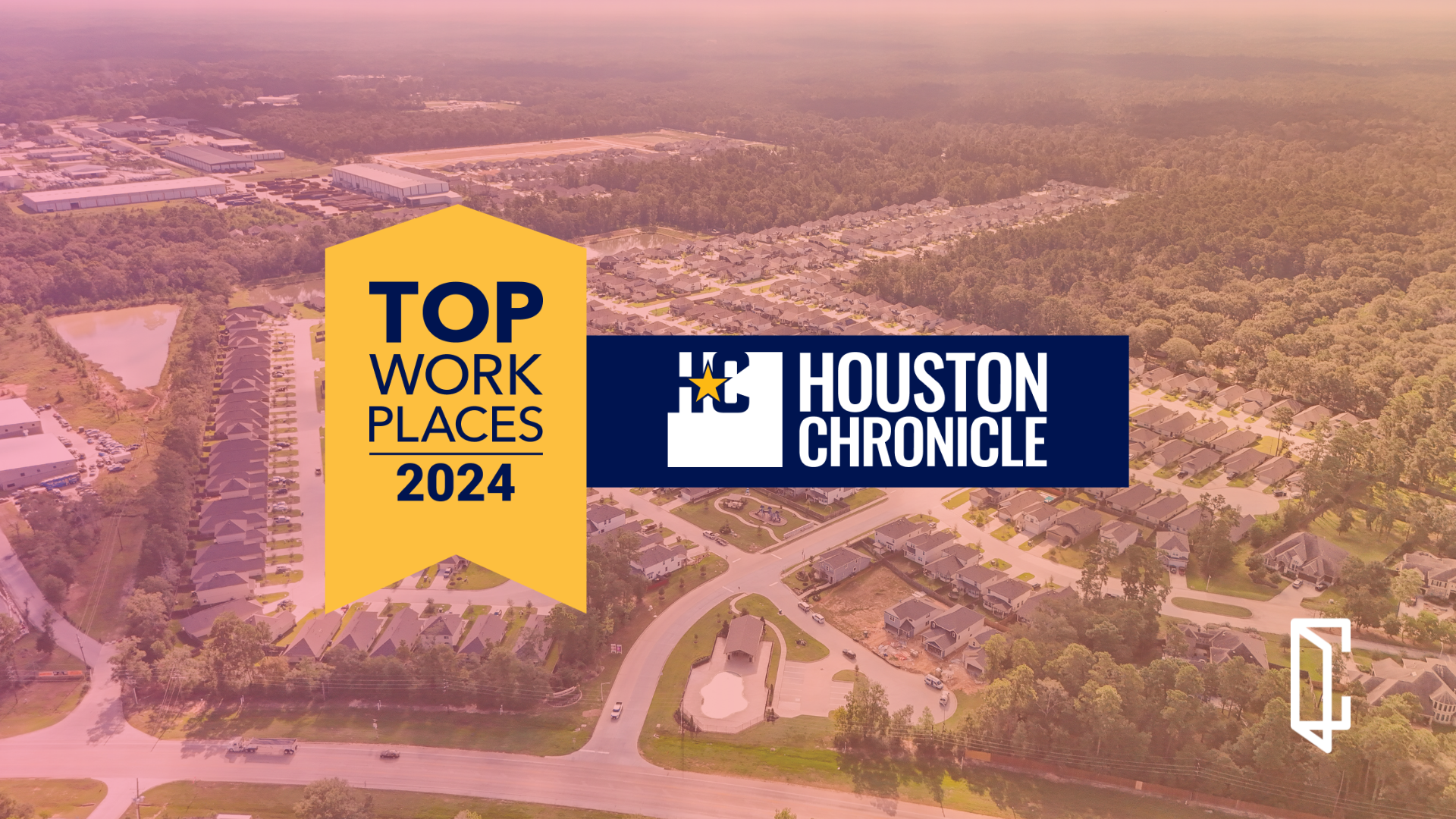 Top Workplaces graphic over aerial shot of community