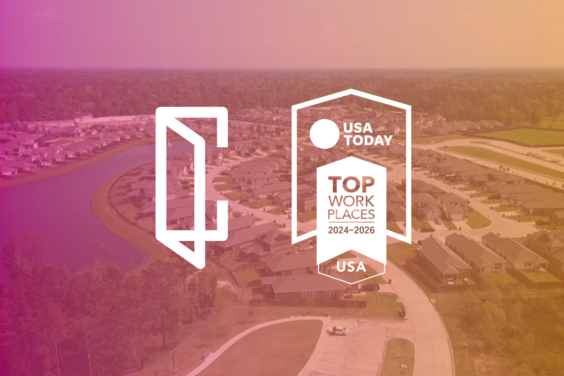 Camillo Companies logo with Top Workplaces logo overlaid on aerial drone shot 