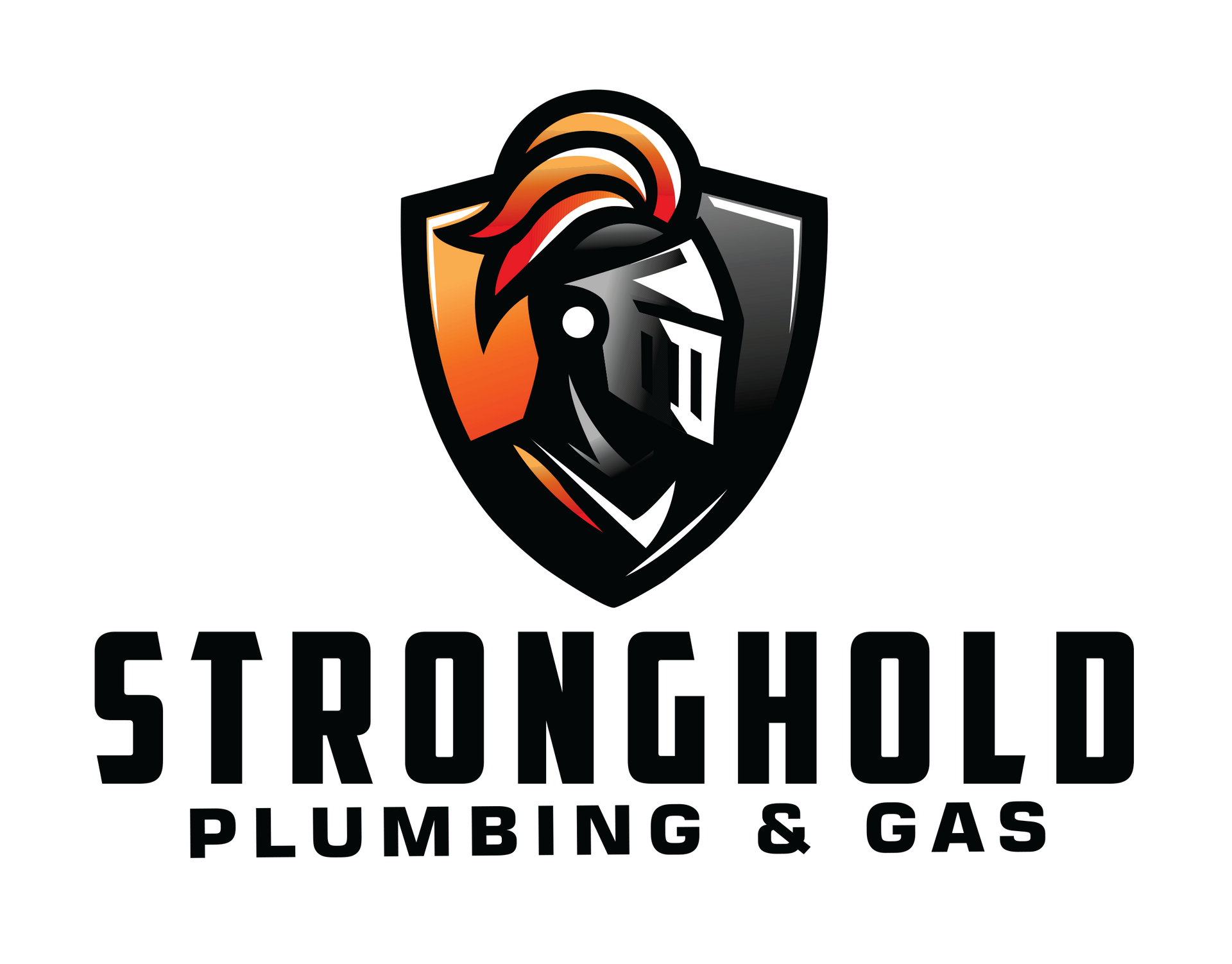 A logo for a plumbing and gas company with a spartan on a shield.