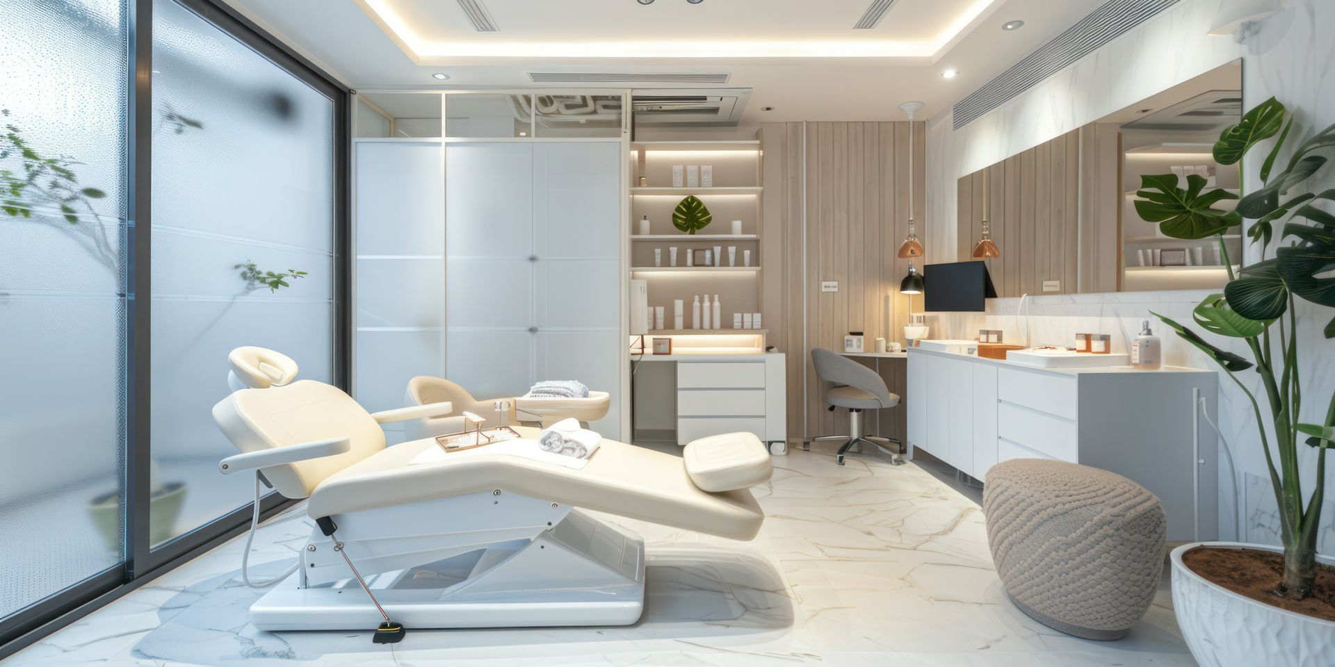 There is a dental chair in the middle of the room.