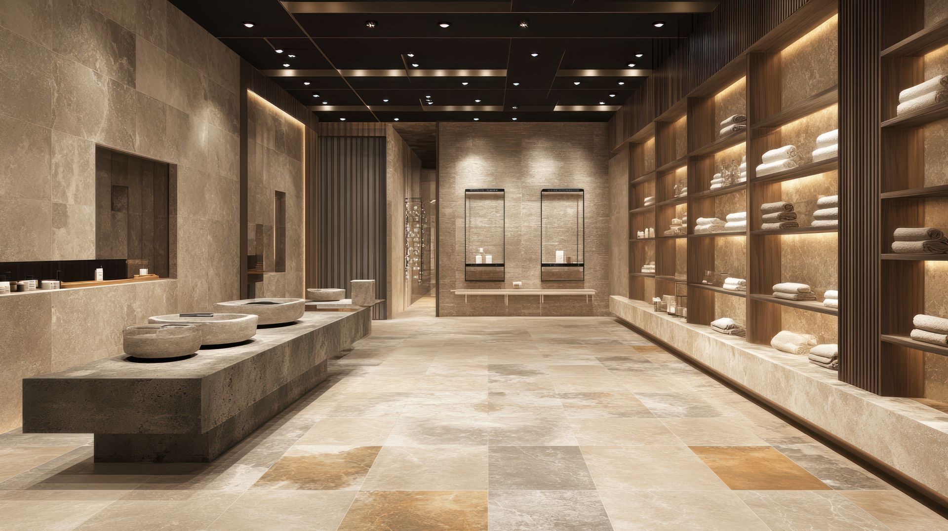 A bathroom with a long row of sinks and shelves filled with towels.