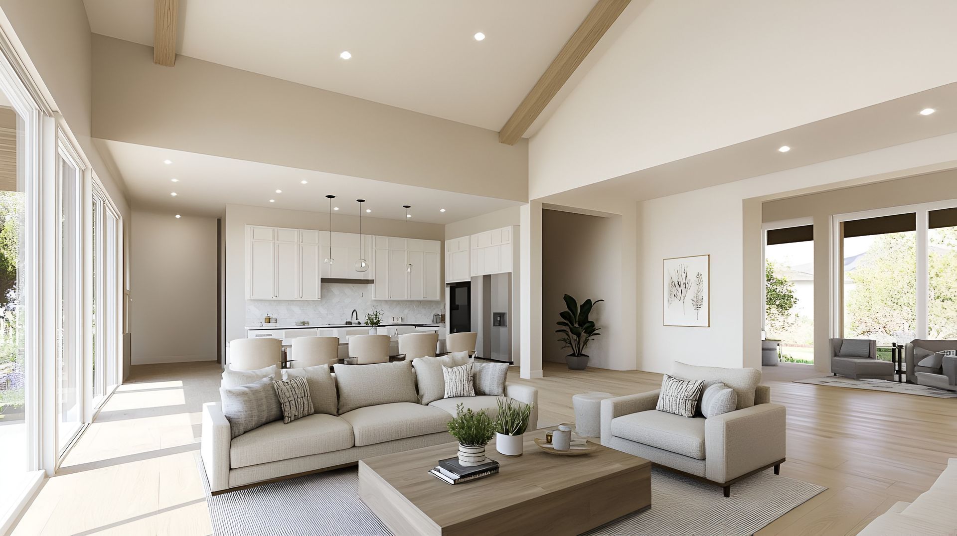 A living room with a couch , chairs , and a coffee table.