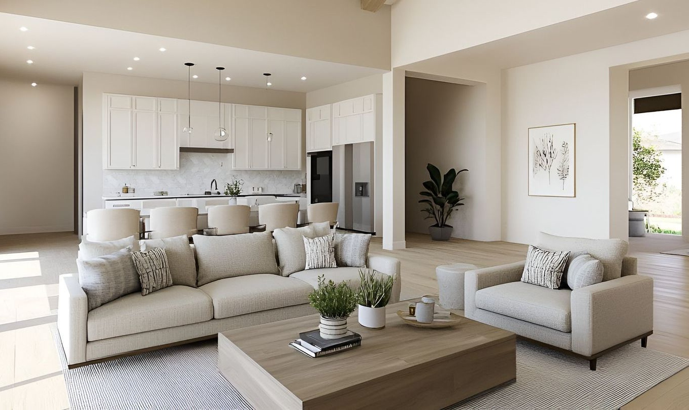 Modern, open-plan living space featuring a sofa, armchairs, and a kitchen with natural light.