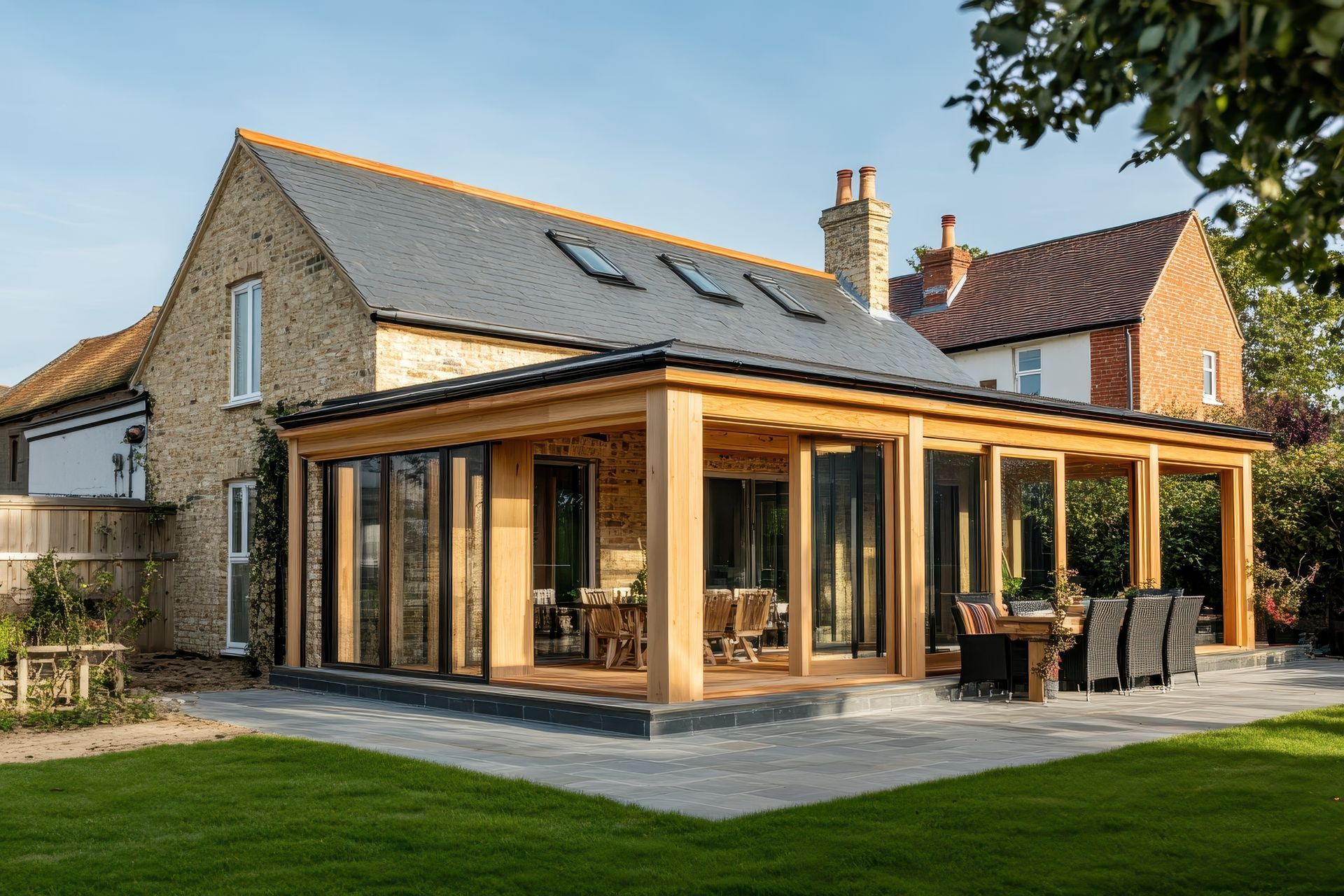 A large house with a wooden porch and a slate roof.