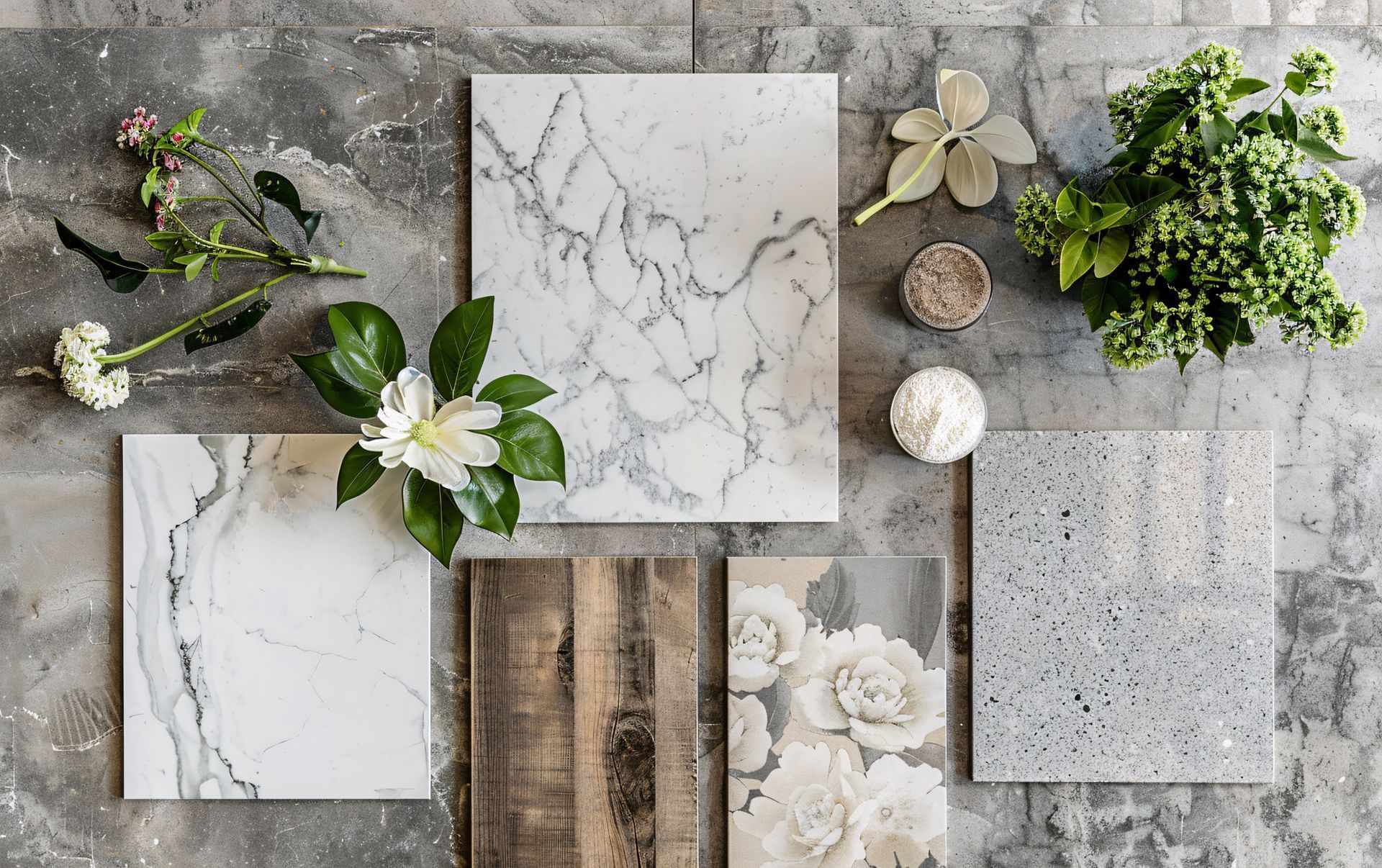There are many different types of tiles and flowers on the table.