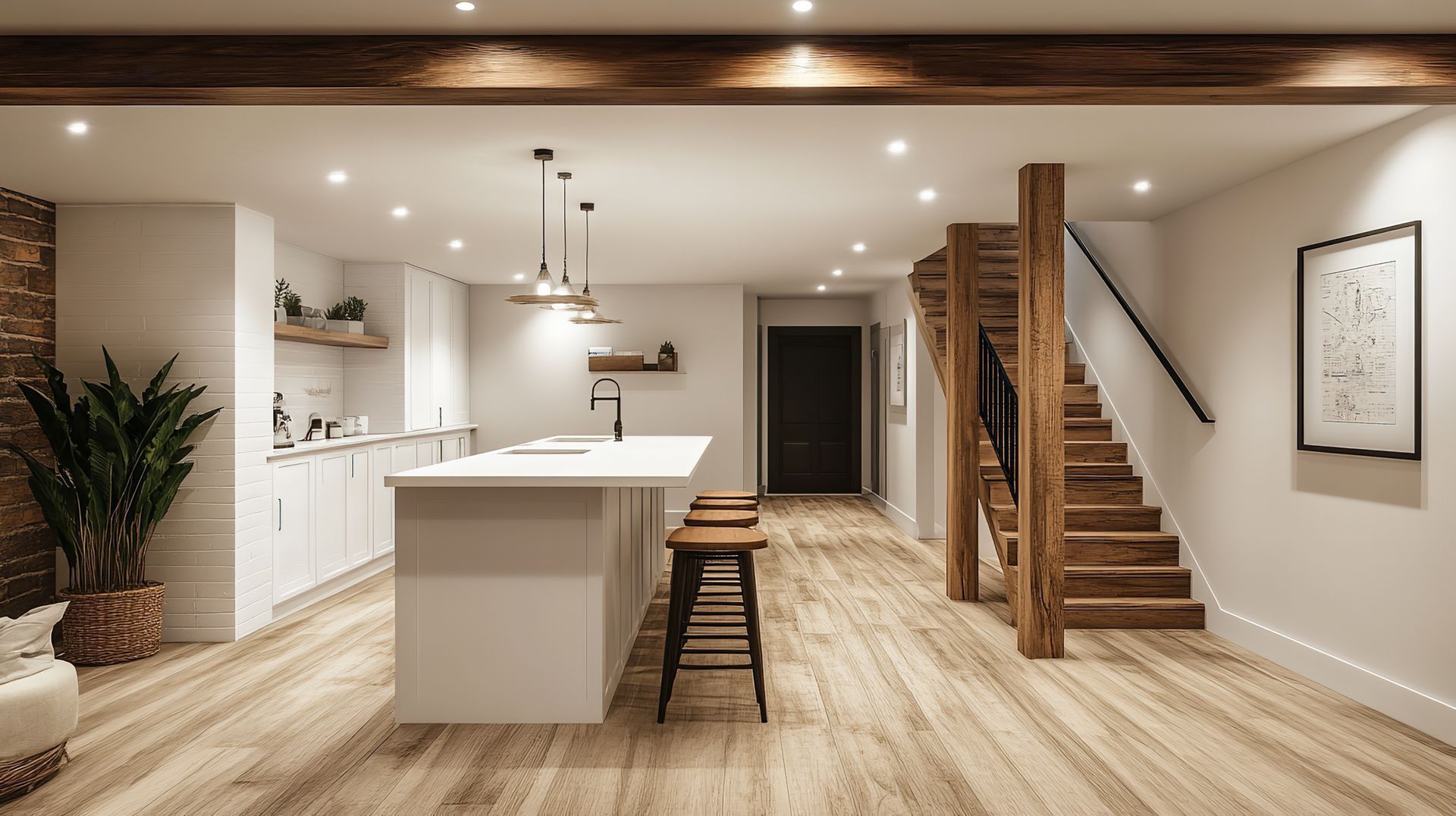 A kitchen with a large island and stairs in a basement.