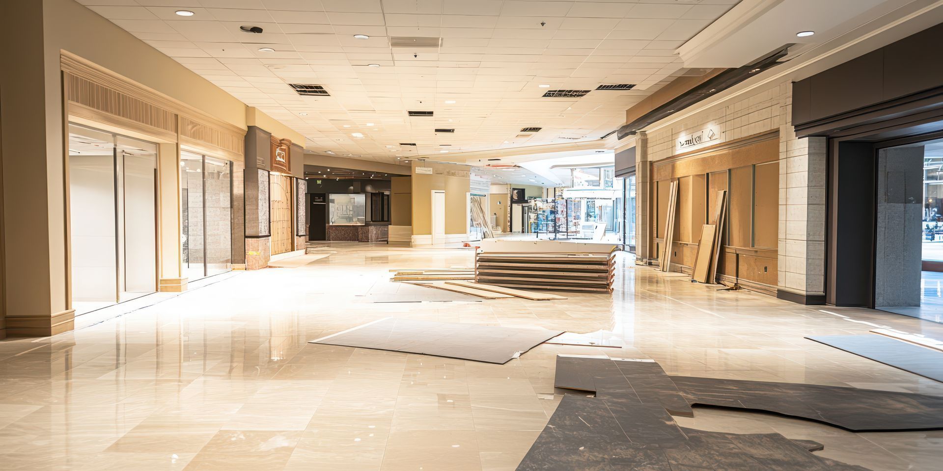 An empty shopping mall under construction with a map of the floor.