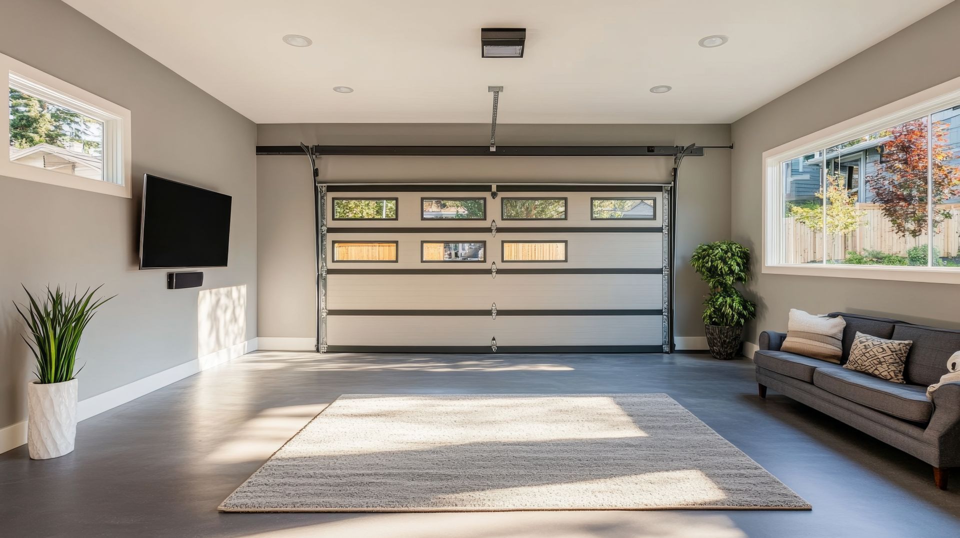 A living room in a garage with a couch and a television.