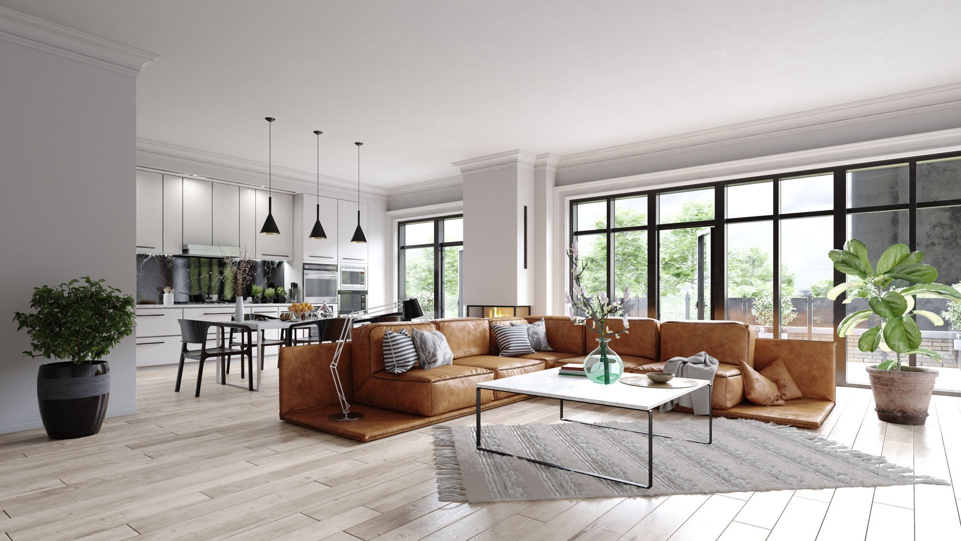 A living room with a brown couch and a white coffee table.