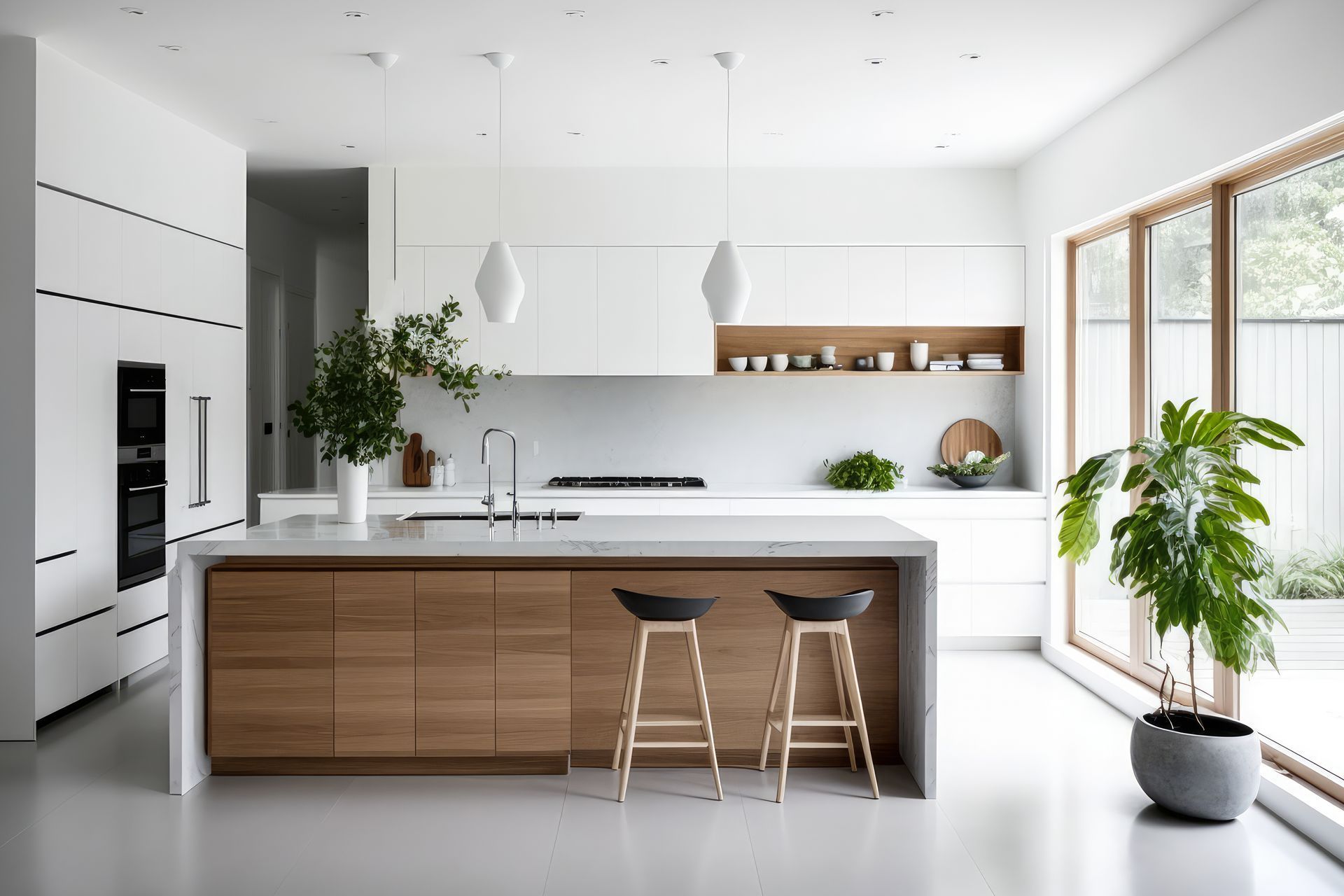 A modern kitchen with white cabinets , wooden cabinets , stools , and a large island.