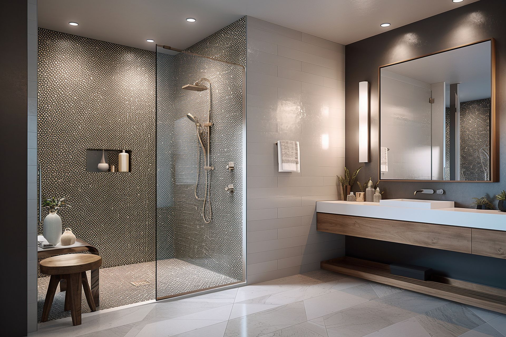 A bathroom with a walk in shower , sink and mirror.