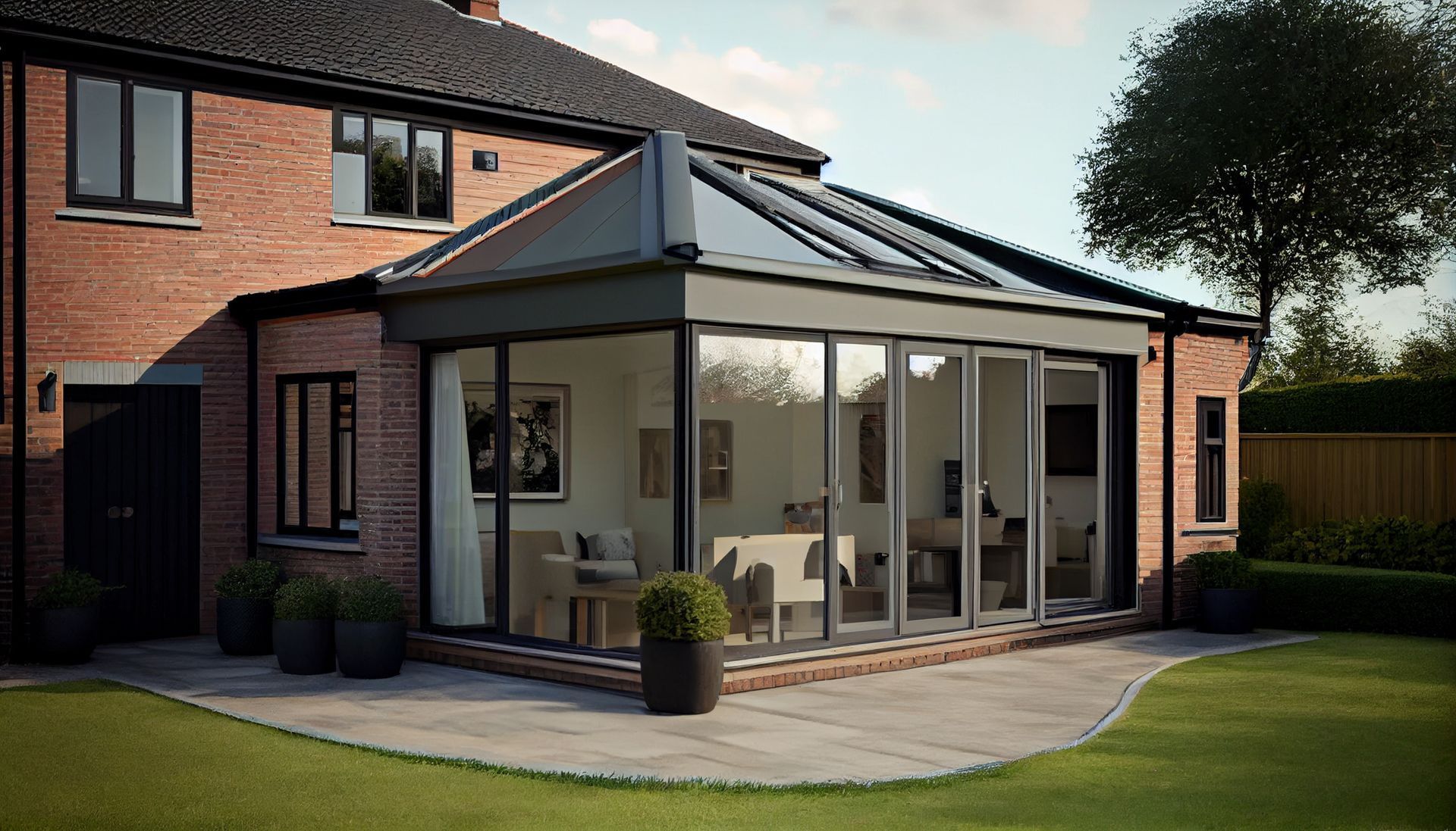 An artist 's impression of a house with a large glass conservatory.
