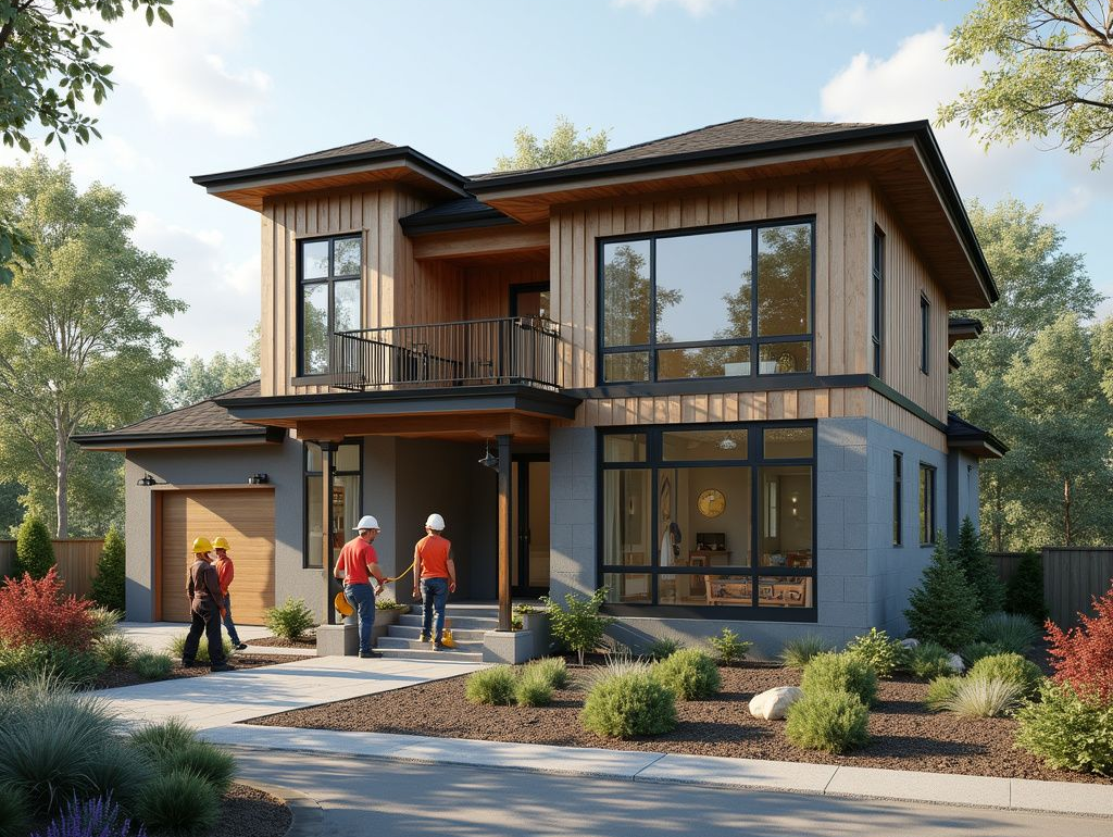 Modern two-story house with construction workers in front. Light wood siding, large windows, and dark trim.