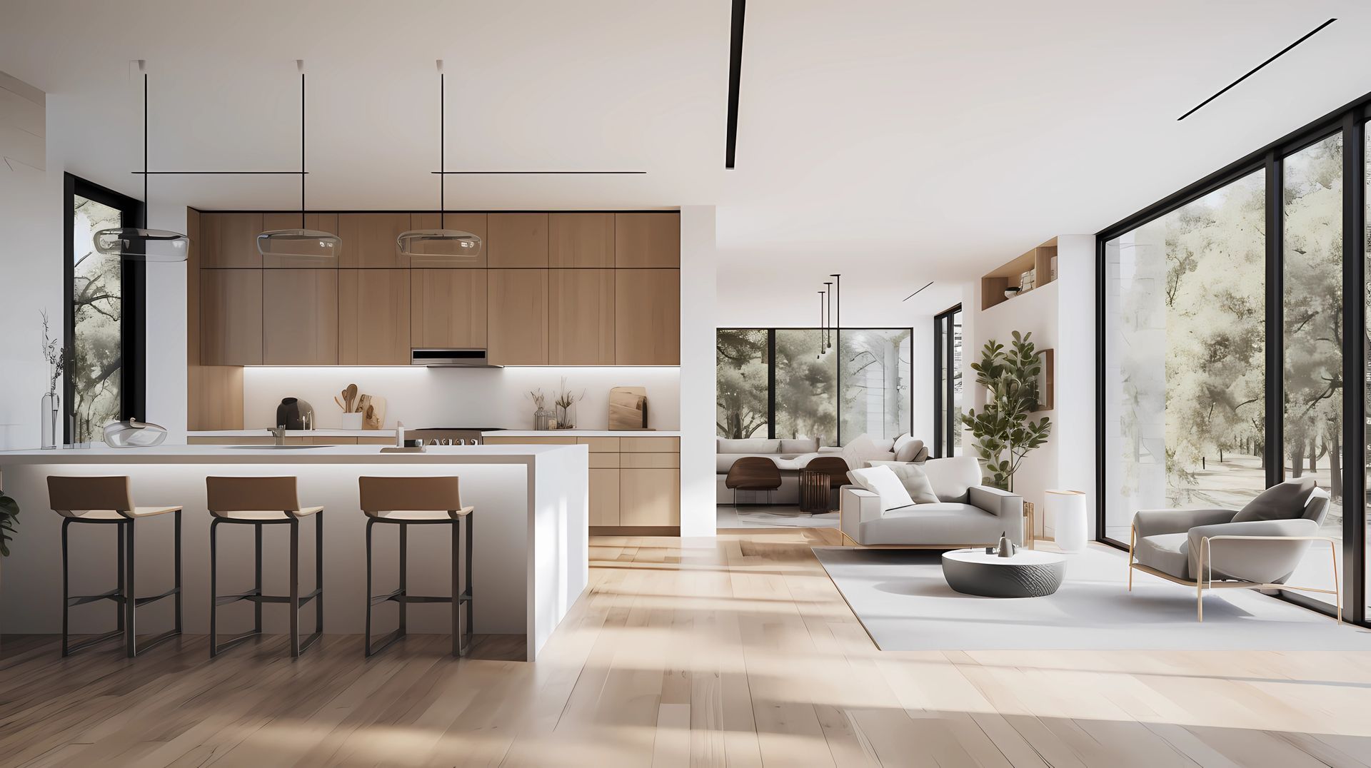 Modern, open-plan kitchen and living area with light wood cabinets, large windows, and natural light.