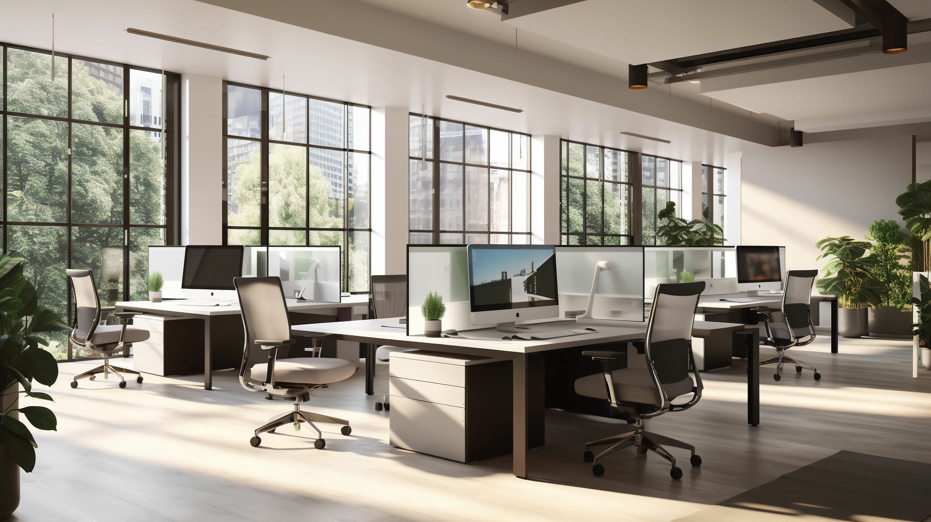 A large office with lots of windows and desks and chairs.