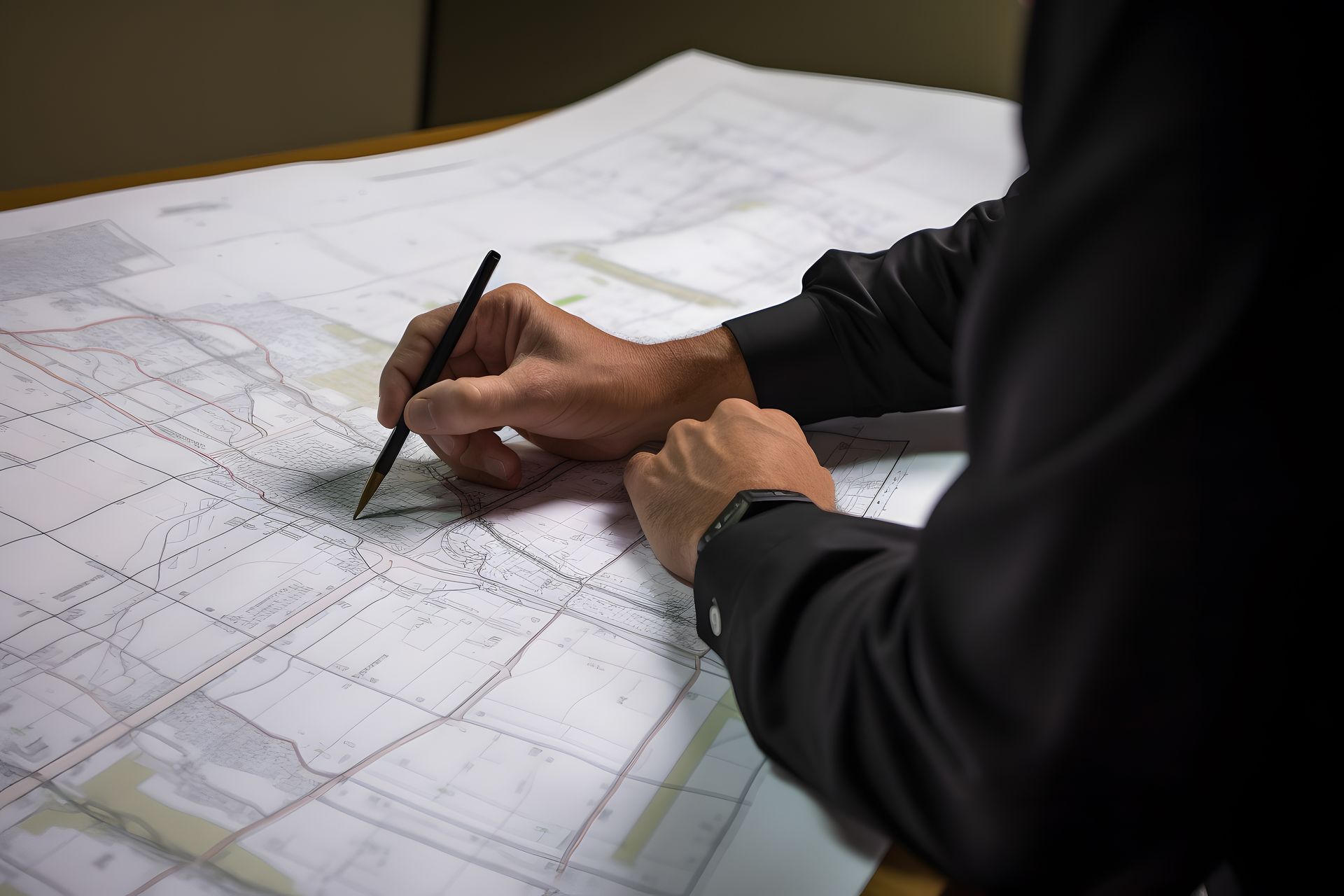 A man is writing on a map with a pencil.