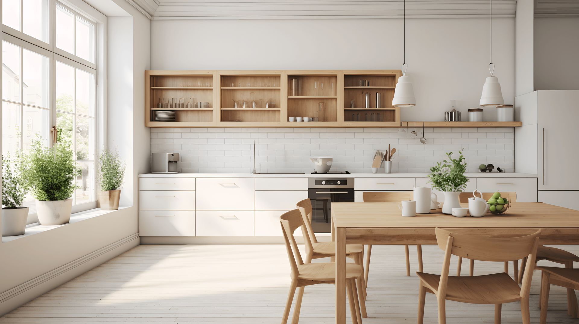 A kitchen with white cabinets , wooden cabinets , a table and chairs.