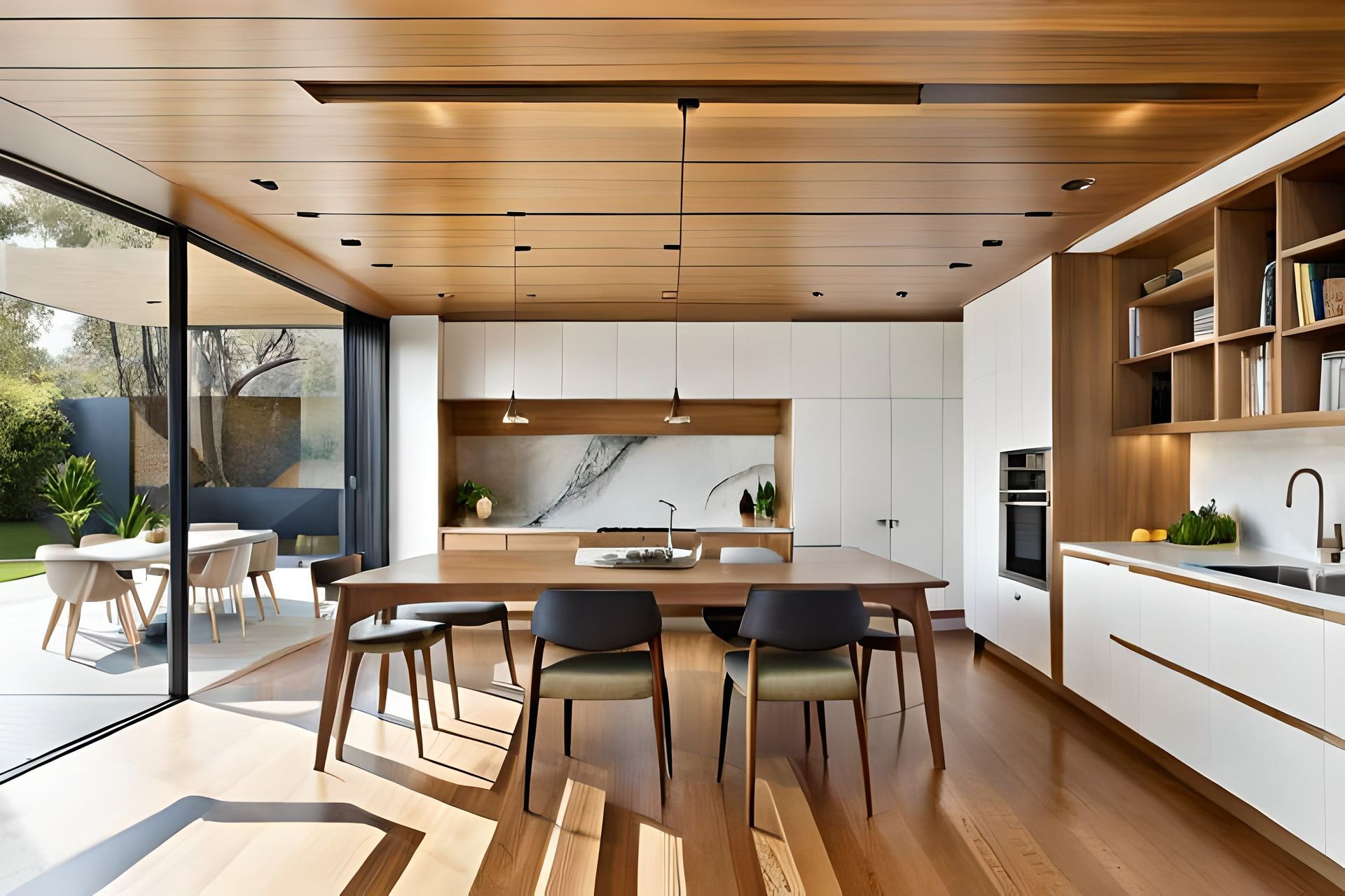 A kitchen with a table and chairs in it