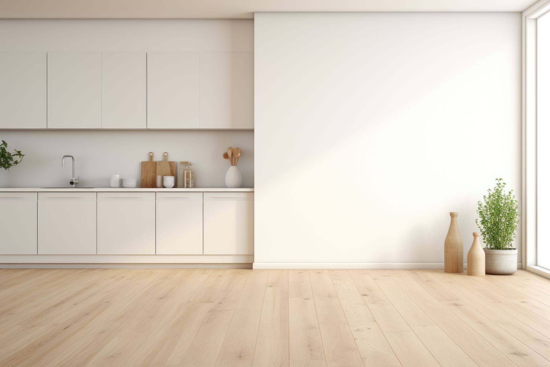 An empty kitchen with white cabinets and a wooden floor.