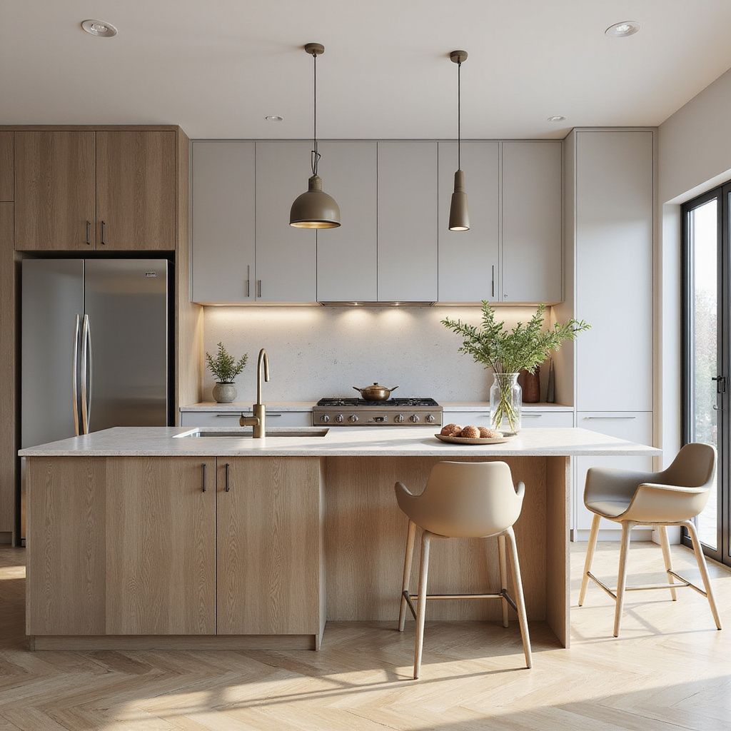 Modern kitchen with light wood cabinets, island, stainless steel appliances, and pendant lights.