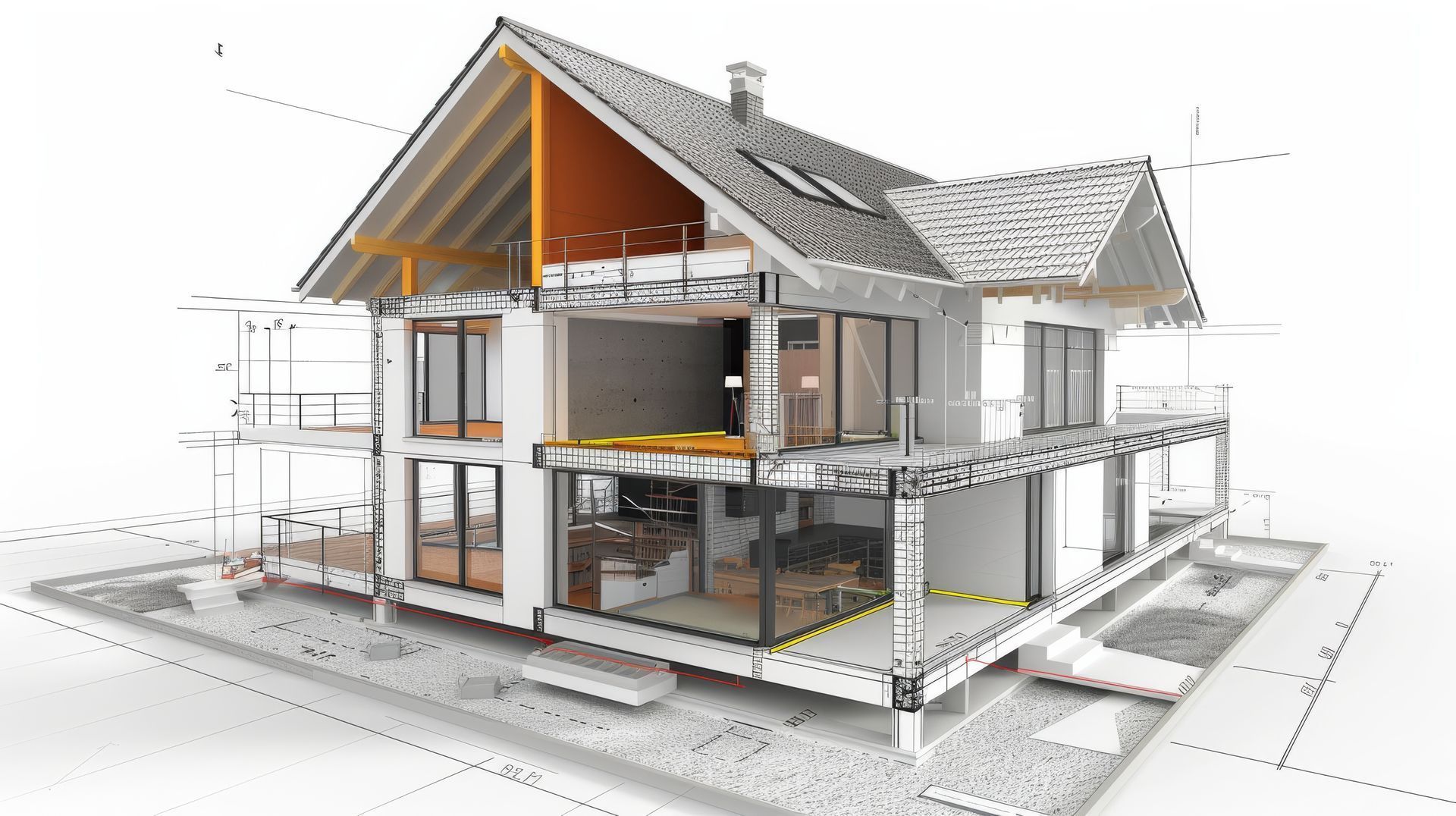 A 3d model of a house under construction on a white background.