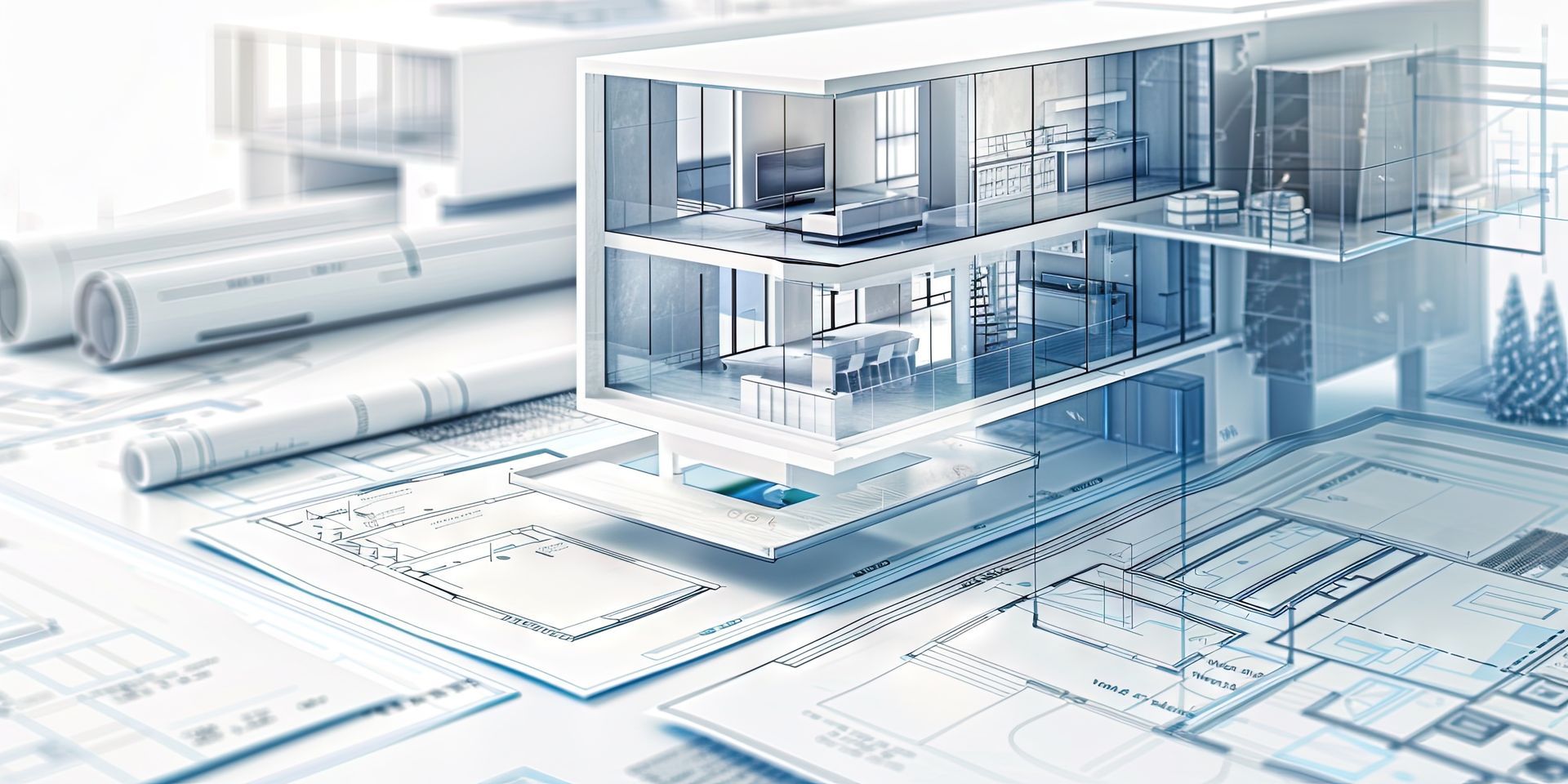 A model of a house is sitting on top of a blueprint.