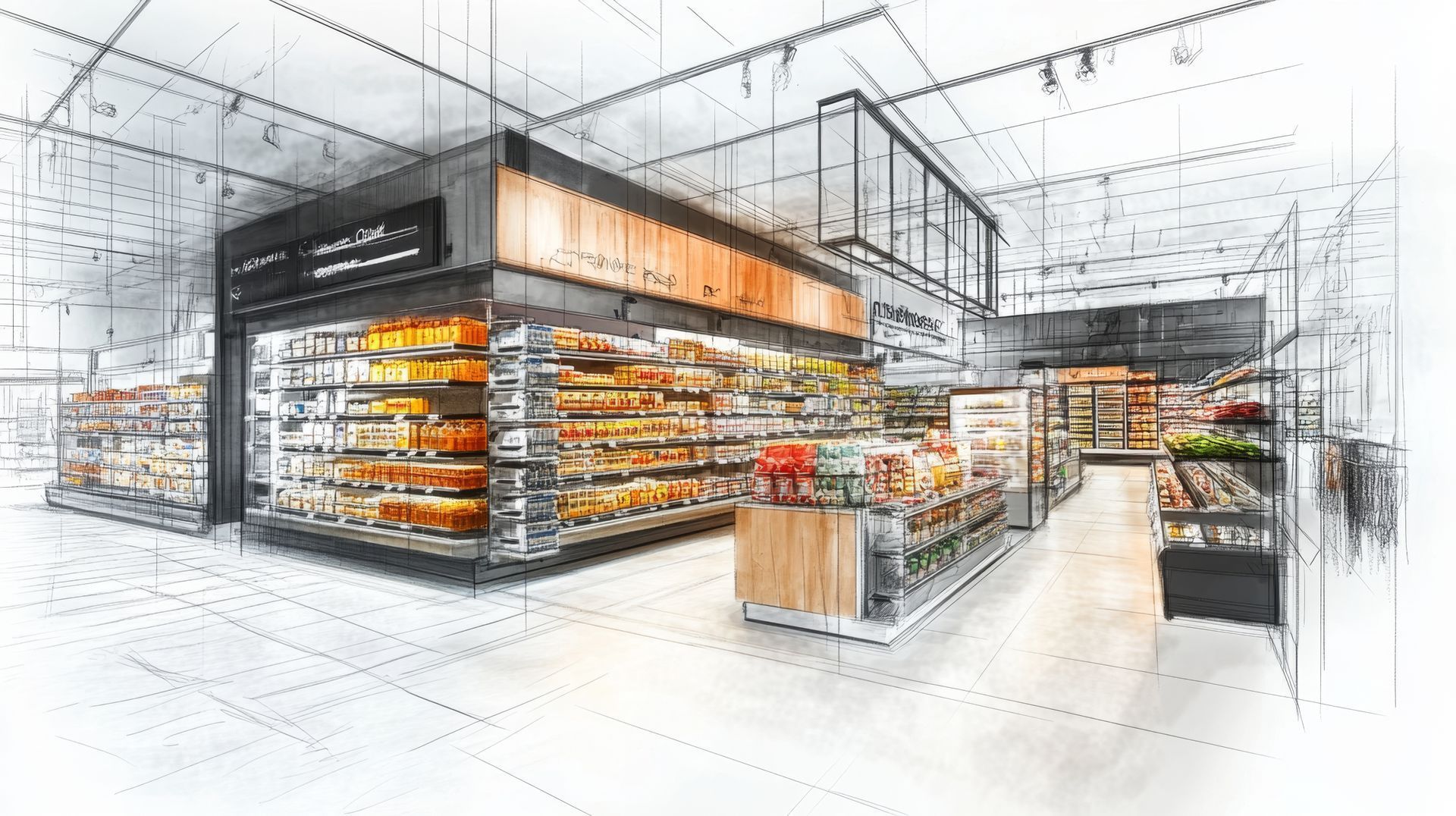 A black and white drawing of a grocery store with lots of shelves.
