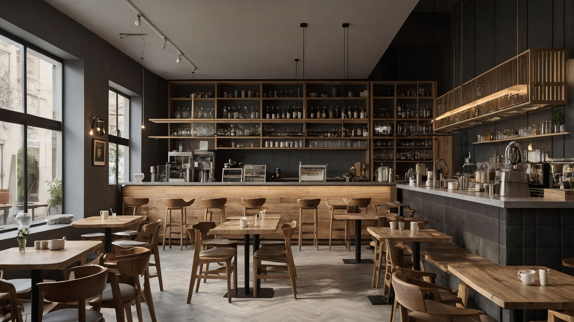 A restaurant with tables and chairs and a bar.