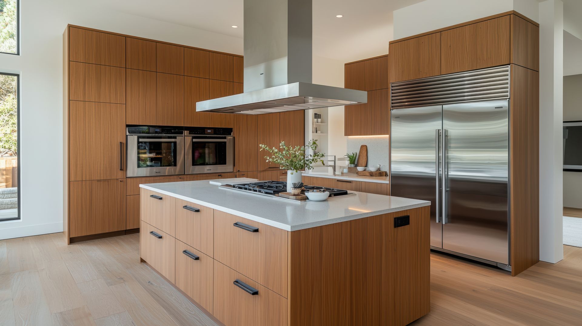 A kitchen with wooden cabinets , stainless steel appliances , and a large island.