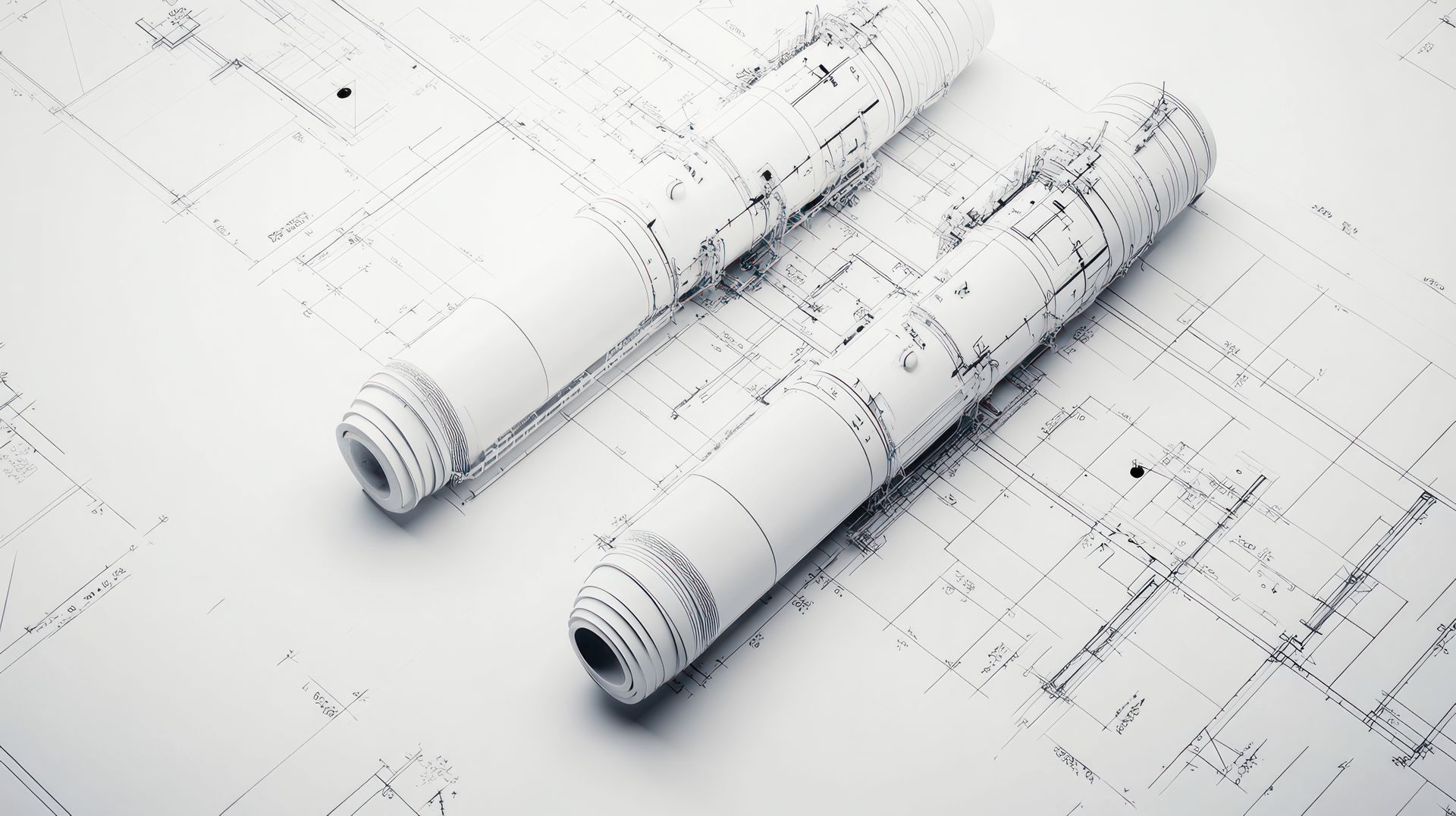 Two rolls of blueprints are sitting on top of each other on a white surface.