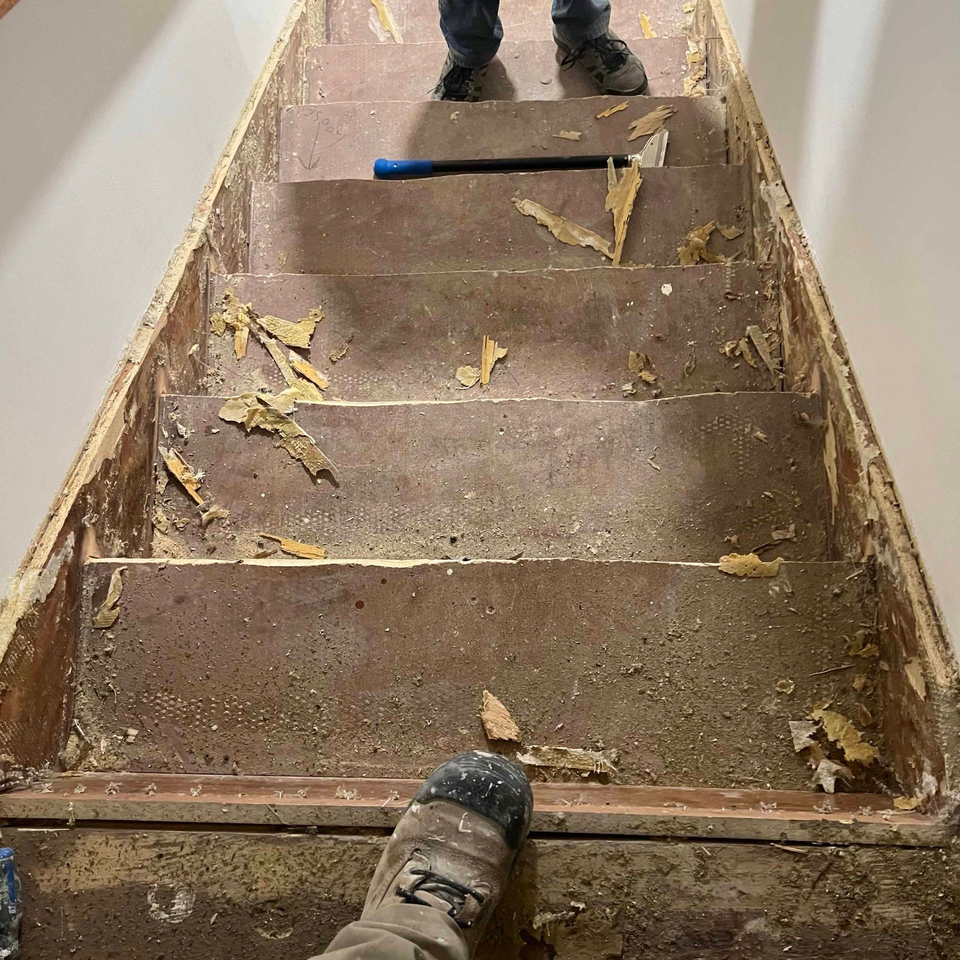 A person is standing on a set of stairs with a broom.