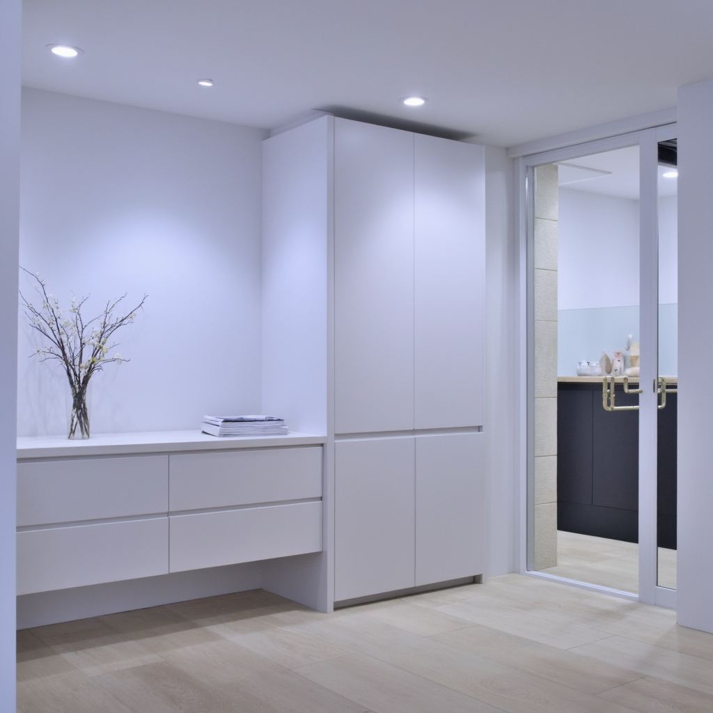 Une pièce avec des armoires blanches et une porte coulissante en verre