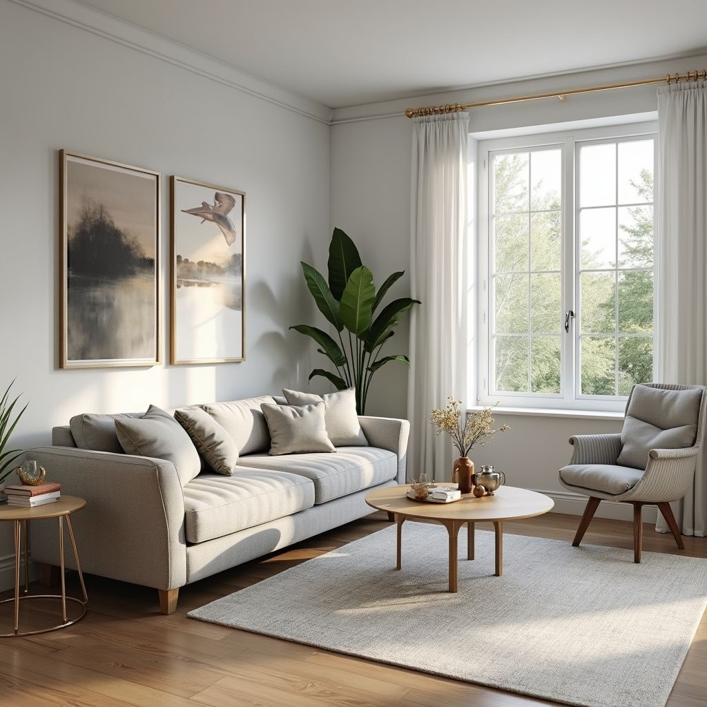Cozy living room with light gray sofa, wooden table, and artwork, bathed in natural light from a large window.