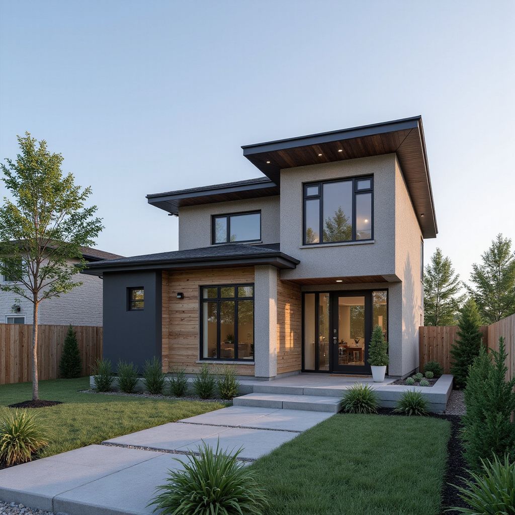 Modern two-story house with light gray stucco, wood accents, and a landscaped front yard with a concrete walkway.